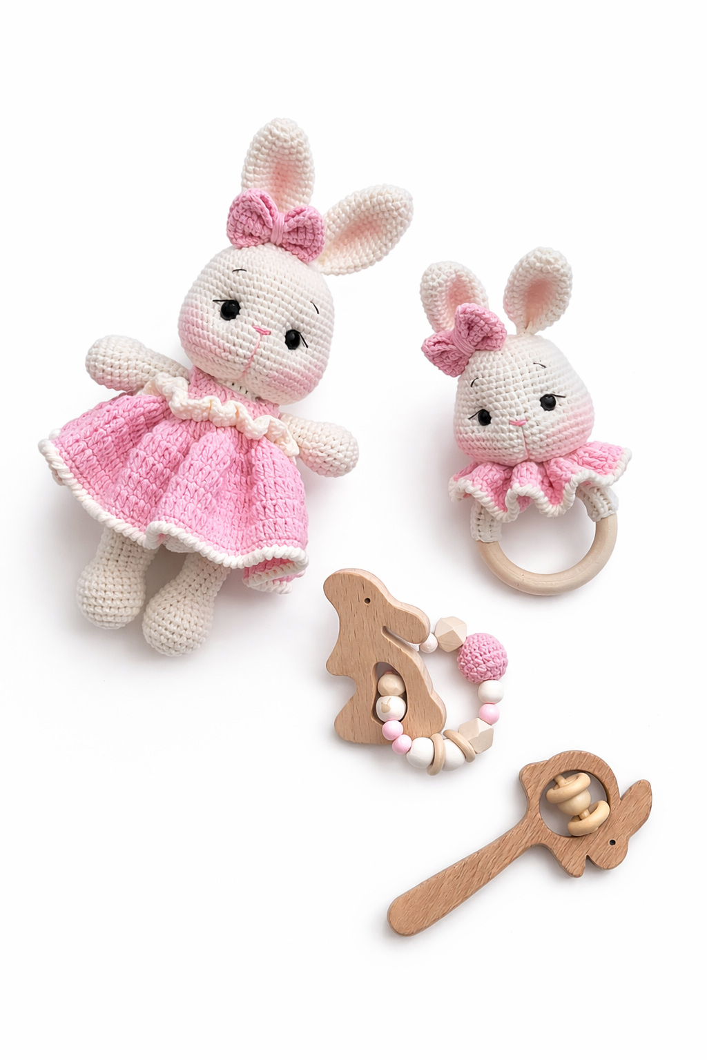 AMIGURUMI CROCHET BUNNY BABY GIFT SET – 4 PIECE