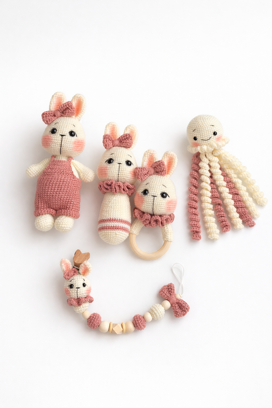 AMIGURUMI CROCHET BUNNY BABY GIFT SET – 5 PIECE