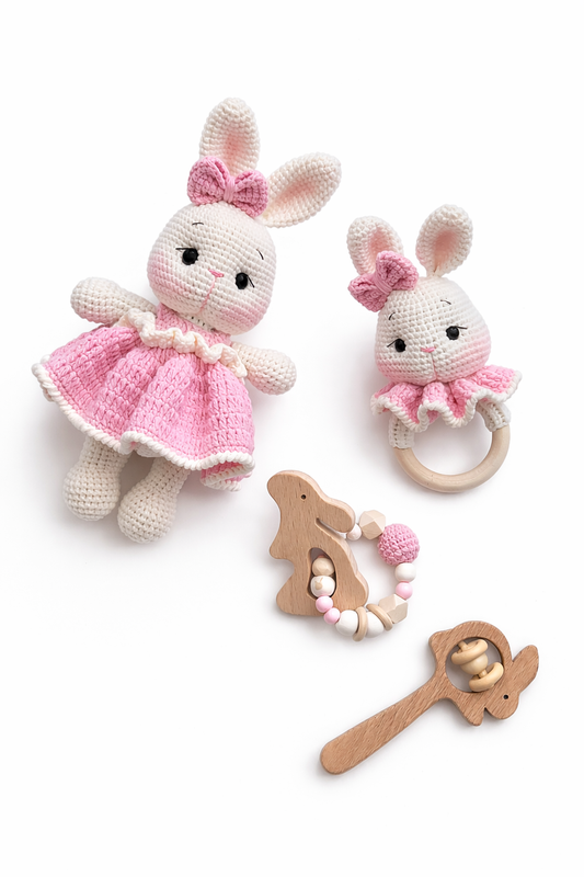 AMIGURUMI CROCHET BUNNY BABY GIFT SET – 4 PIECE