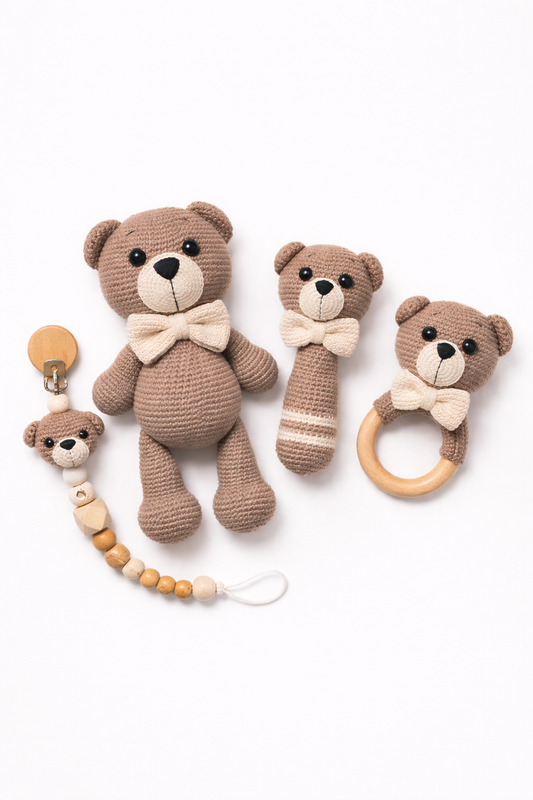 AMIGURUMI CROCHET TEDDY BEAR BABY GIFT SET – 4 PIECE