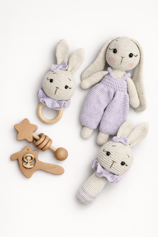AMIGURUMI CROCHET BUNNY BABY GIFT SET – 5 PIECE