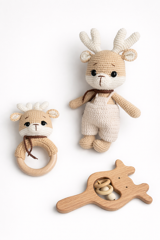 AMIGURUMI CROCHET REINDEER BABY GIFT SET – 3 PIECE