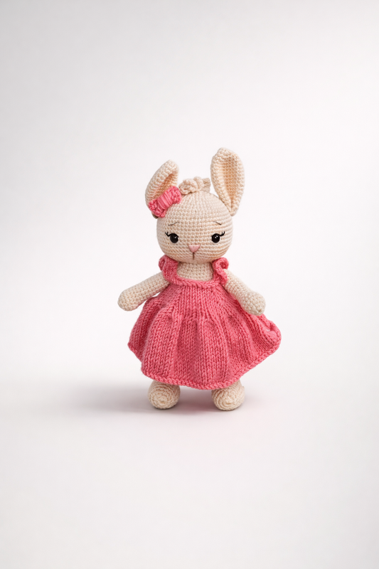 BEIGE CROCHET BUNNY IN PINK DRESS