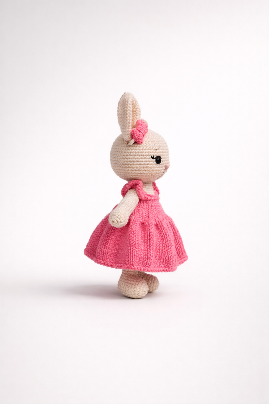 BEIGE CROCHET BUNNY IN PINK DRESS
