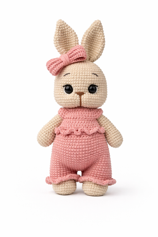AMIGURUMI CROCHET BUNNY DOLL IN PINK ROMPER